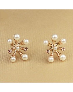 Pearl Decorated Unique Flower Design 18K Rose Gold Ear Studs