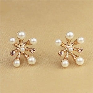 Pearl Decorated Unique Flower Design 18K Rose Gold Ear Studs