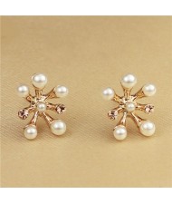 Pearl Decorated Unique Flower Design 18K Rose Gold Ear Studs