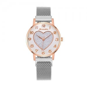 Round Dial Heart Centered Arabic Numeral Design Magnetic Wrist Belt Watch - White