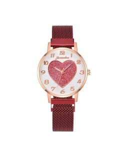 Round Dial Heart Centered Arabic Numeral Design Magnetic Wrist Belt Watch - Red