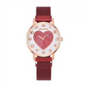 Round Dial Heart Centered Arabic Numeral Design Magnetic Wrist Belt Watch - Red