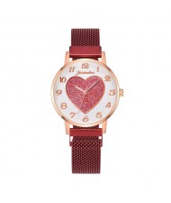 Round Dial Heart Centered Arabic Numeral Design Magnetic Wrist Belt Watch - Red