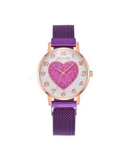 Round Dial Heart Centered Arabic Numeral Design Magnetic Wrist Belt Watch - Purple