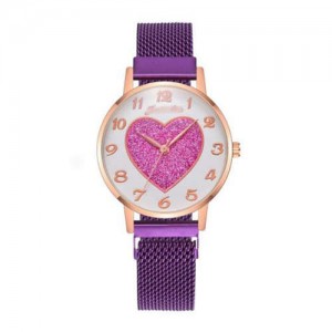 Round Dial Heart Centered Arabic Numeral Design Magnetic Wrist Belt Watch - Purple