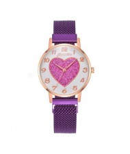 Round Dial Heart Centered Arabic Numeral Design Magnetic Wrist Belt Watch - Purple