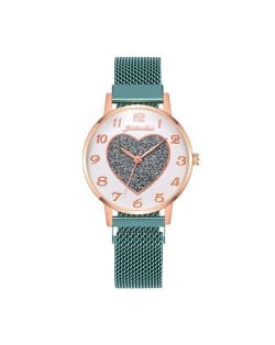 Round Dial Heart Centered Arabic Numeral Design Magnetic Wrist Belt Watch - Green