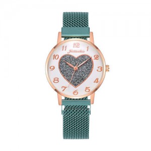 Round Dial Heart Centered Arabic Numeral Design Magnetic Wrist Belt Watch - Green