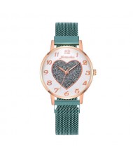 Round Dial Heart Centered Arabic Numeral Design Magnetic Wrist Belt Watch - Green