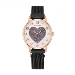 Round Dial Heart Centered Arabic Numeral Design Magnetic Wrist Belt Watch - Black