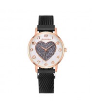 Round Dial Heart Centered Arabic Numeral Design Magnetic Wrist Belt Watch - Black