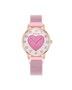 Round Dial Heart Centered Arabic Numeral Design Magnetic Wrist Belt Watch - Pink