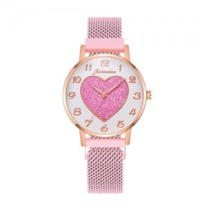 Round Dial Heart Centered Arabic Numeral Design Magnetic Wrist Belt Watch - Pink