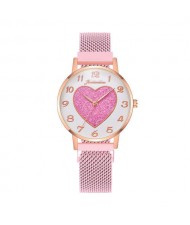 Round Dial Heart Centered Arabic Numeral Design Magnetic Wrist Belt Watch - Pink