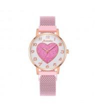 Round Dial Heart Centered Arabic Numeral Design Magnetic Wrist Belt Watch - Pink