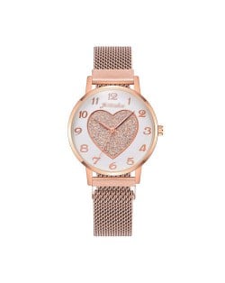 Round Dial Heart Centered Arabic Numeral Design Magnetic Wrist Belt Watch - Rose Gold