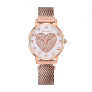 Round Dial Heart Centered Arabic Numeral Design Magnetic Wrist Belt Watch - Rose Gold