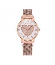 Round Dial Heart Centered Arabic Numeral Design Magnetic Wrist Belt Watch - Rose Gold