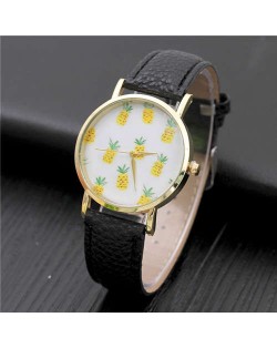 Minimalist Design Pineapple Decorated Dial Women Wholesale Leather Wrist Watch - Black
