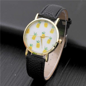 Minimalist Design Pineapple Decorated Dial Women Wholesale Leather Wrist Watch - Black