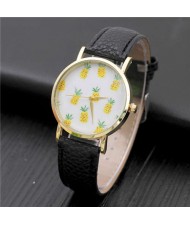 Minimalist Design Pineapple Decorated Dial Women Wholesale Leather Wrist Watch - Black