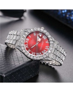 Luxurious Shining Rhinestone Embellished Roman Numerals Design Fashion Women Steel Wrist Watch - Silver and Red