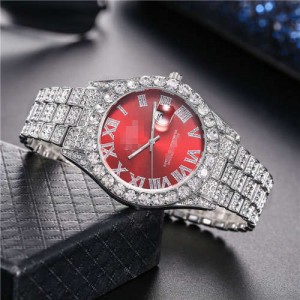Luxurious Shining Rhinestone Embellished Roman Numerals Design Fashion Women Steel Wrist Watch - Silver and Red