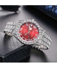 Luxurious Shining Rhinestone Embellished Roman Numerals Design Fashion Women Steel Wrist Watch - Silver and Red