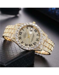 Luxurious Shining Rhinestone Embellished Roman Numerals Design Fashion Women Steel Wrist Watch - Golden