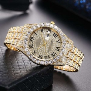 Luxurious Shining Rhinestone Embellished Roman Numerals Design Fashion Women Steel Wrist Watch - Golden