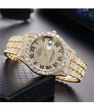 Luxurious Shining Rhinestone Embellished Roman Numerals Design Fashion Women Steel Wrist Watch - Golden