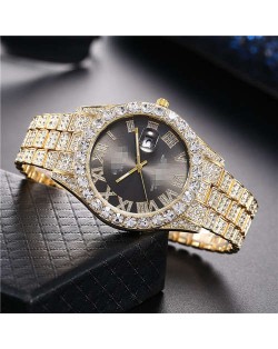 Luxurious Shining Rhinestone Embellished Roman Numerals Design Fashion Women Steel Wrist Watch - Black