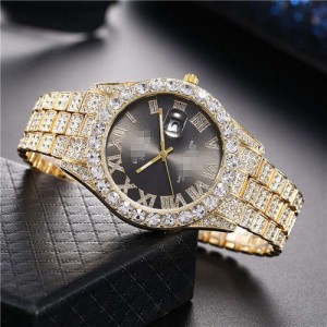 Luxurious Shining Rhinestone Embellished Roman Numerals Design Fashion Women Steel Wrist Watch - Black
