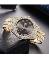 Luxurious Shining Rhinestone Embellished Roman Numerals Design Fashion Women Steel Wrist Watch - Black