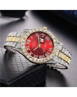 Luxurious Shining Rhinestone Embellished Roman Numerals Design Fashion Women Steel Wrist Watch - Red
