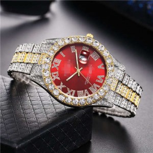 Luxurious Shining Rhinestone Embellished Roman Numerals Design Fashion Women Steel Wrist Watch - Red