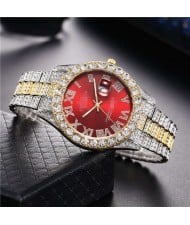 Luxurious Shining Rhinestone Embellished Roman Numerals Design Fashion Women Steel Wrist Watch - Red