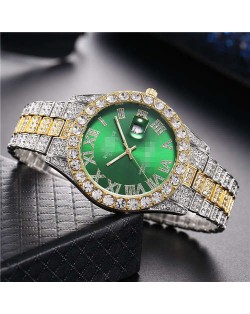 Luxurious Shining Rhinestone Embellished Roman Numerals Design Fashion Women Steel Wrist Watch - Green