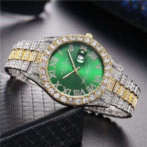 Luxurious Shining Rhinestone Embellished Roman Numerals Design Fashion Women Steel Wrist Watch - Green