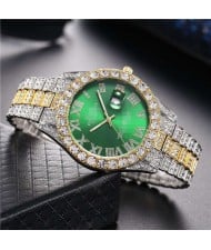 Luxurious Shining Rhinestone Embellished Roman Numerals Design Fashion Women Steel Wrist Watch - Green