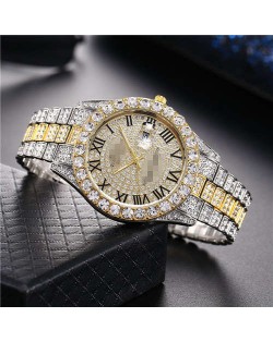 Luxurious Shining Rhinestone Embellished Roman Numerals Design Fashion Women Steel Wrist Watch - Silver