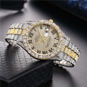 Luxurious Shining Rhinestone Embellished Roman Numerals Design Fashion Women Steel Wrist Watch - Silver
