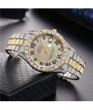 Luxurious Shining Rhinestone Embellished Roman Numerals Design Fashion Women Steel Wrist Watch - Silver