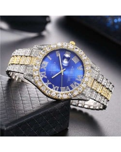 Luxurious Shining Rhinestone Embellished Roman Numerals Design Fashion Women Steel Wrist Watch - Blue