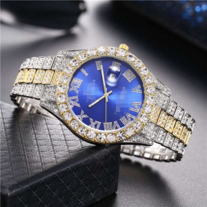 Luxurious Shining Rhinestone Embellished Roman Numerals Design Fashion Women Steel Wrist Watch - Blue