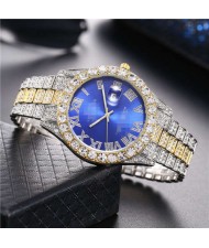 Luxurious Shining Rhinestone Embellished Roman Numerals Design Fashion Women Steel Wrist Watch - Blue