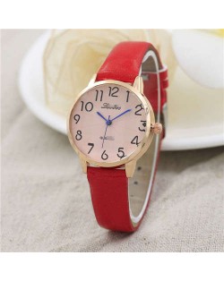 Cute Minimalist Design Dial Artificial Leather Women Wrist Watch - Red
