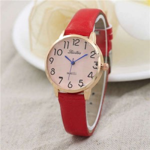 Cute Minimalist Design Dial Artificial Leather Women Wrist Watch - Red