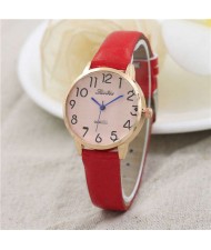 Cute Minimalist Design Dial Artificial Leather Women Wrist Watch - Red