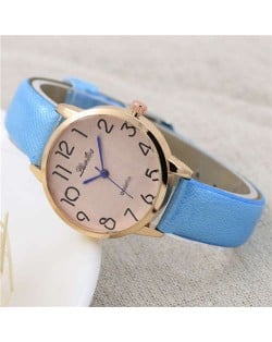 Cute Minimalist Design Dial Artificial Leather Women Wrist Watch - Blue